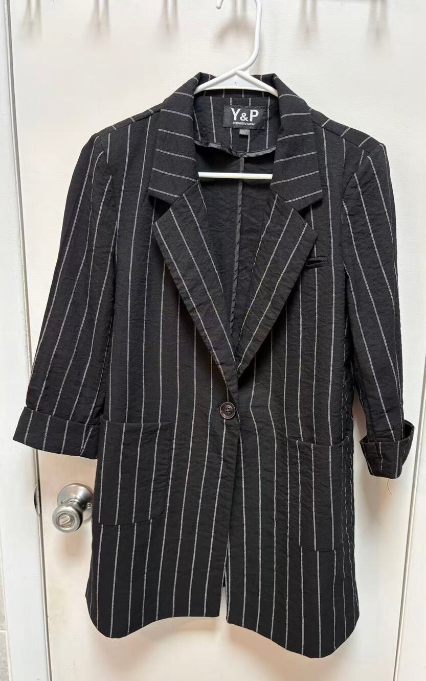 Y&P Women Black Pinstripe Blazer Jacket 3/4 Sleeve Lightweight Casual Longline S